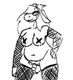 Dakota in fishnets, tape over her nipples makeup looking like tears, and a chastity cage on her cock.